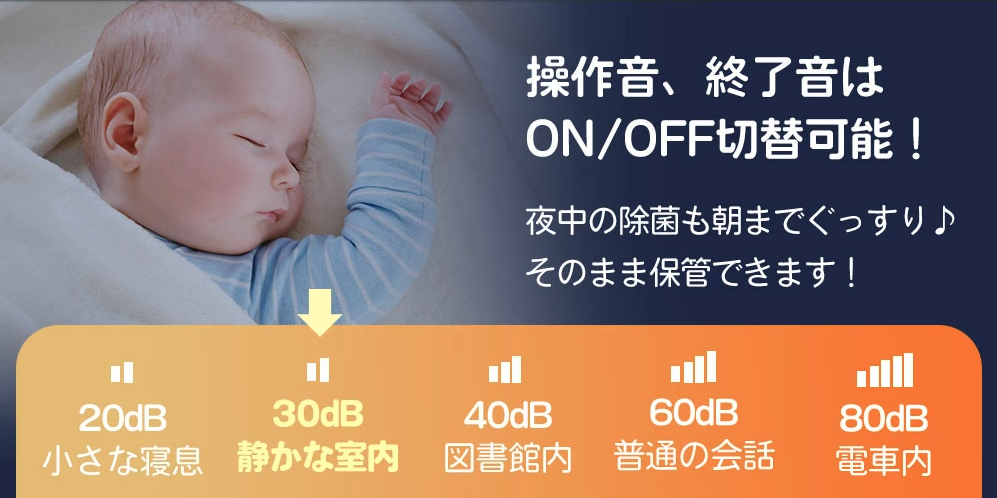 LARUTAN哺乳瓶除菌乾燥機の騒音値は30dB相当の静かな室内程度の音であり、静かな音で除菌乾燥できる