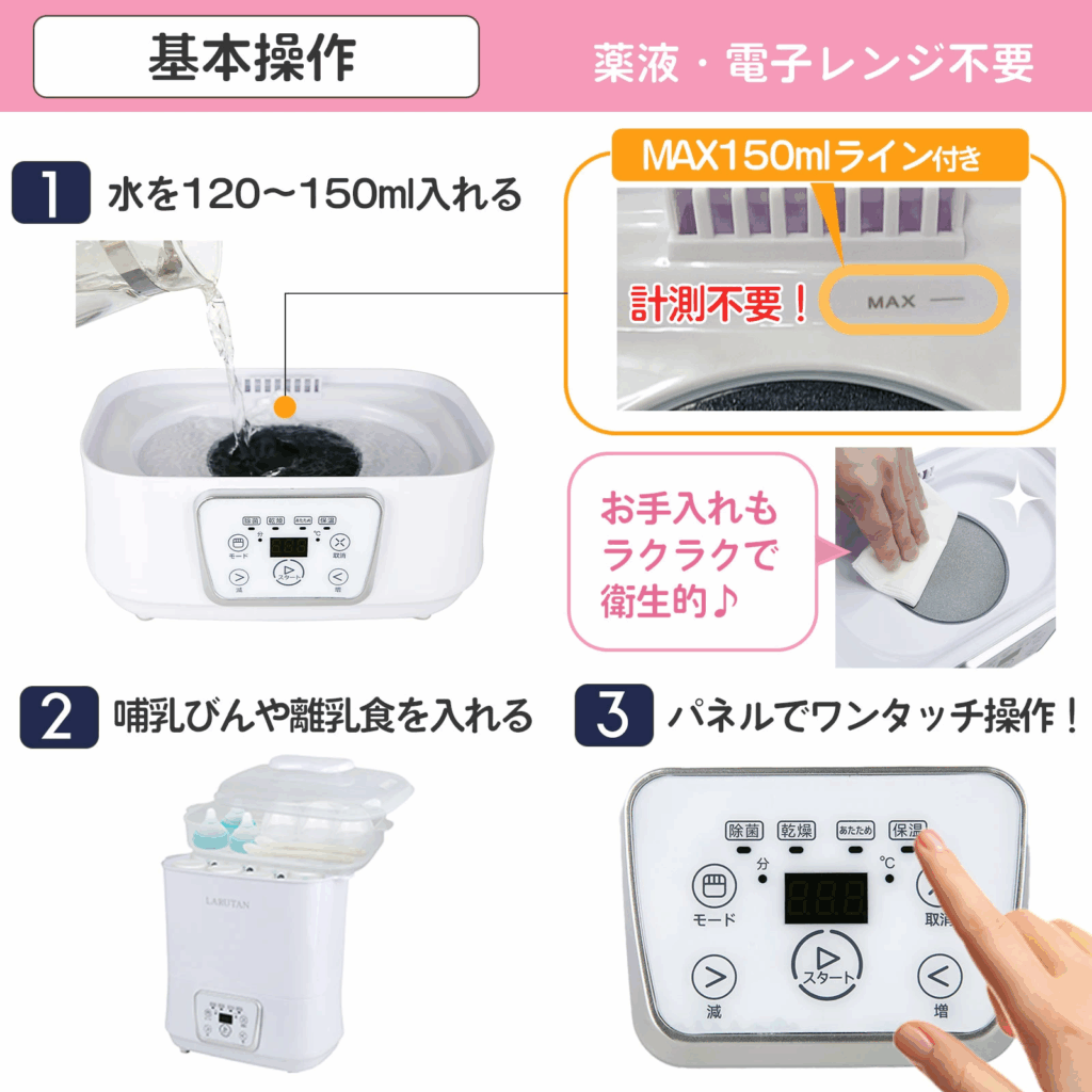 LARUTAN哺乳瓶除菌乾燥機の基本操作の簡単さを示す画像